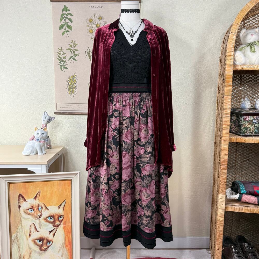 Vintage Floral Wool Midi Skirt Whimsigoth Dark Fairy Romantic Goth Witchy M L